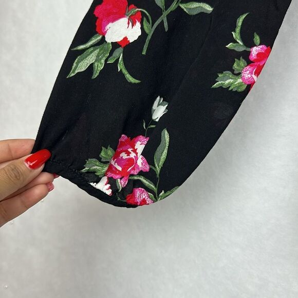 Old Navy Black Pink Floral Blouse Women’s Large Flowy Long Sleeve - Picture 5 of 8